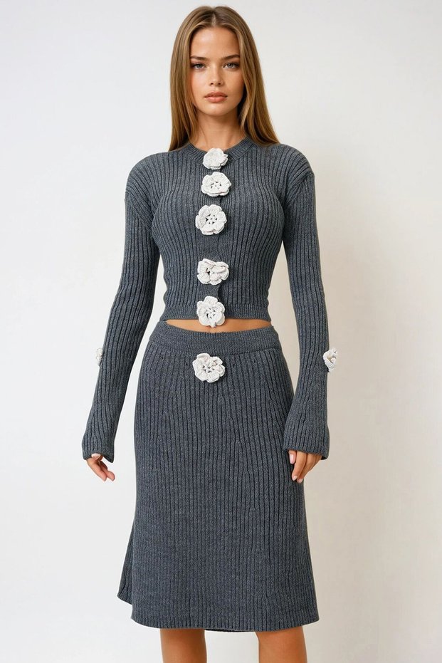 Women's Gray Corded Floral Button Detailed Knitwear Cardigan and Skirt Set Vs00972