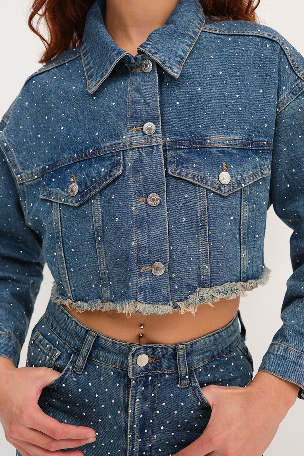 Taşlı Crop Denim Ceket C5017-1 - 3