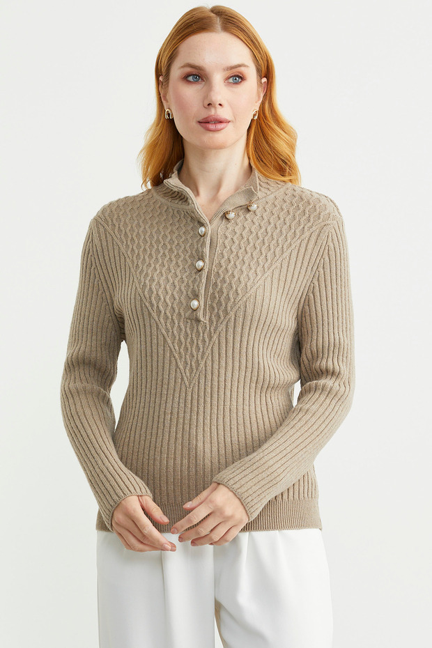 Önü Düğmeli Dik Yaka Triko Kazak - Kamel - 3