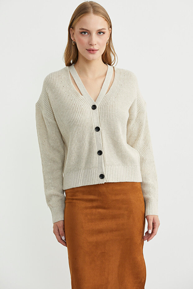 Collar Detailed Buttoned Knitwear Cardigan - Stone