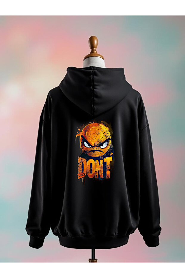 Printed Cotton 3 Thread Oversize Black Sweatshirt
