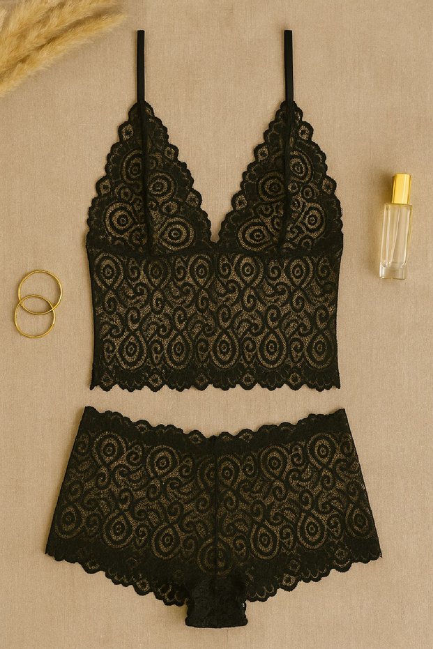 Women's Black Lace Bralet Shorts Set