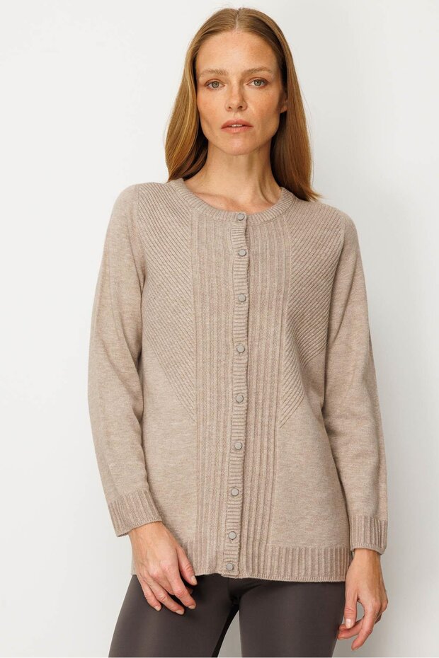Women's Crew Neck Long Striped Cardigan Mink