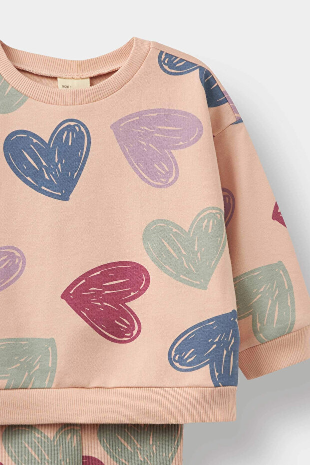 F0516 Pembe Kız Bebek 2'li Takım Kalp Desenli Sweatshirt İspanyol Paça Tayt - 3