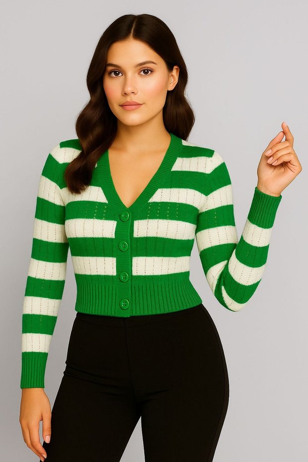 Women's Buttoned Front and Double-Colored Knitwear Cardigan