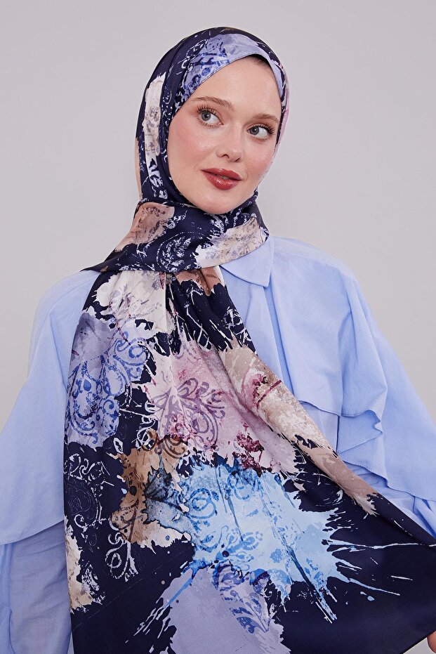 Navy Blue Batik Pattern Twill Shawl - 2