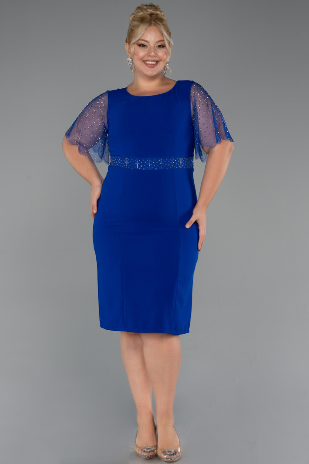 Saks Mavi Taşlı Kısa Kol Midi Büyük Beden Davet Elbisesi ABK2381 - 1