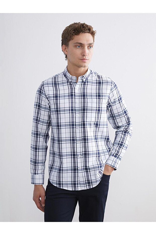 Regular Fit Long Sleeve Plaid Dobby Men's Shirt (W5)