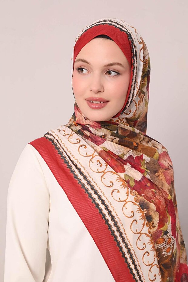 Red Leaf Pattern Cotton Shawl - 3