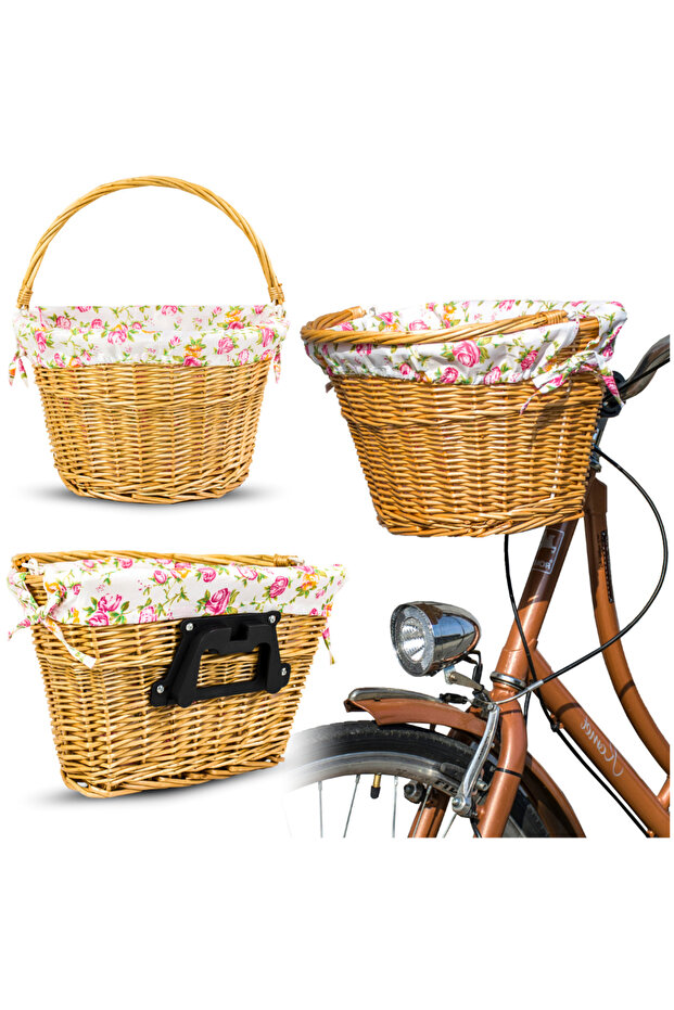 wicker bicycle basket with handlebar insert, click flowers, plug-in - 1