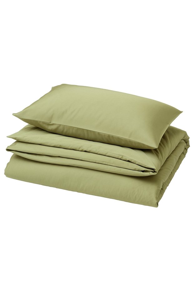 BJÖRKAL Duvet cover and pillowcase, beige/green, 150 x 200/50 x 80 cm