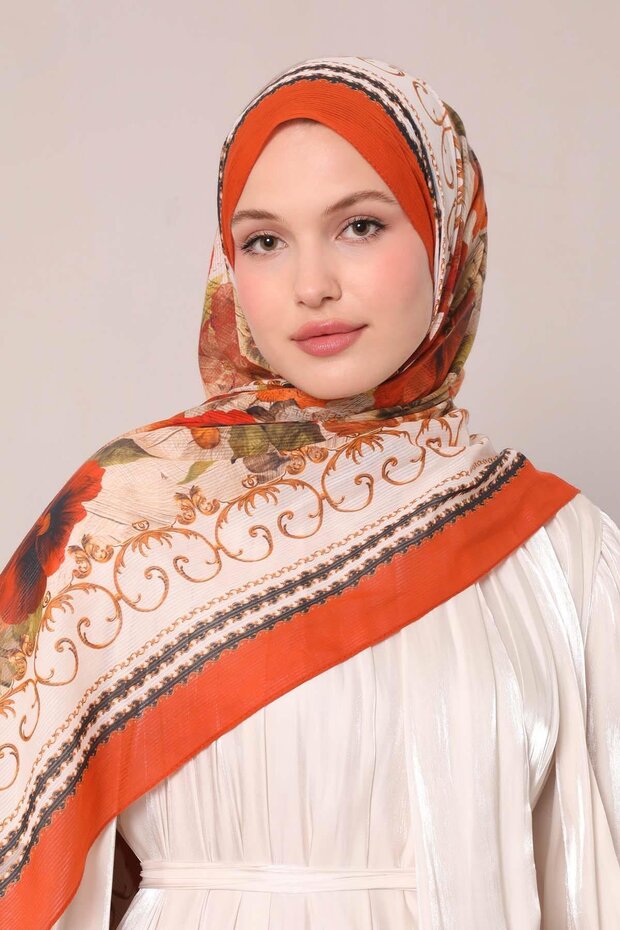 Orange Leaf Pattern Cotton Shawl