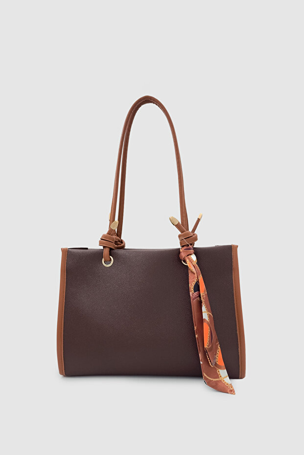 Ivora Knotted Handle Scarf Detailed Rectangular Tote Shoulder Bag Bitter Brown-Tan