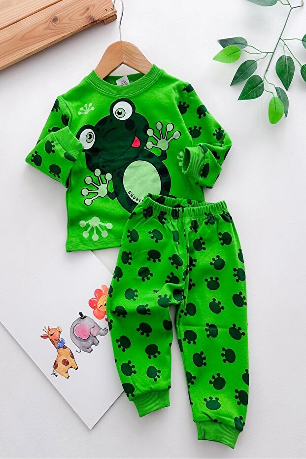 Playful Frog Patterned Seasonal Children's Pajama Set (1-5 Years)