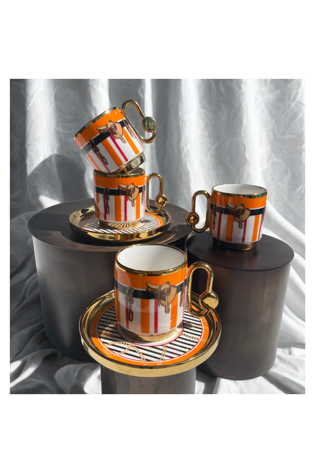 Gold Detailed Equestrian Pattern 6-Person Porcelain Turkish Coffee Cup Set Orange