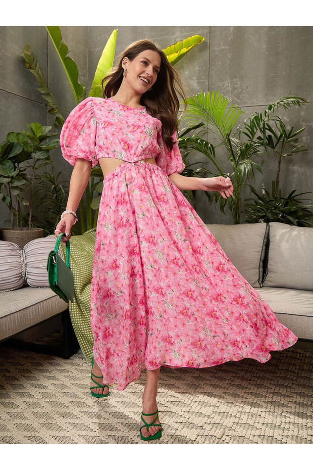 Pink Floral Waist Cut-Out Maxi Dress