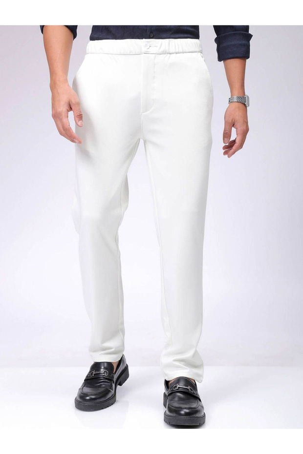 Men White Slim Fit Textured Knit Trousers
