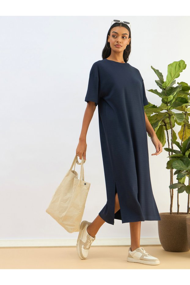 Navy Waffle Knit Oversized T-Shirt Midi Dress