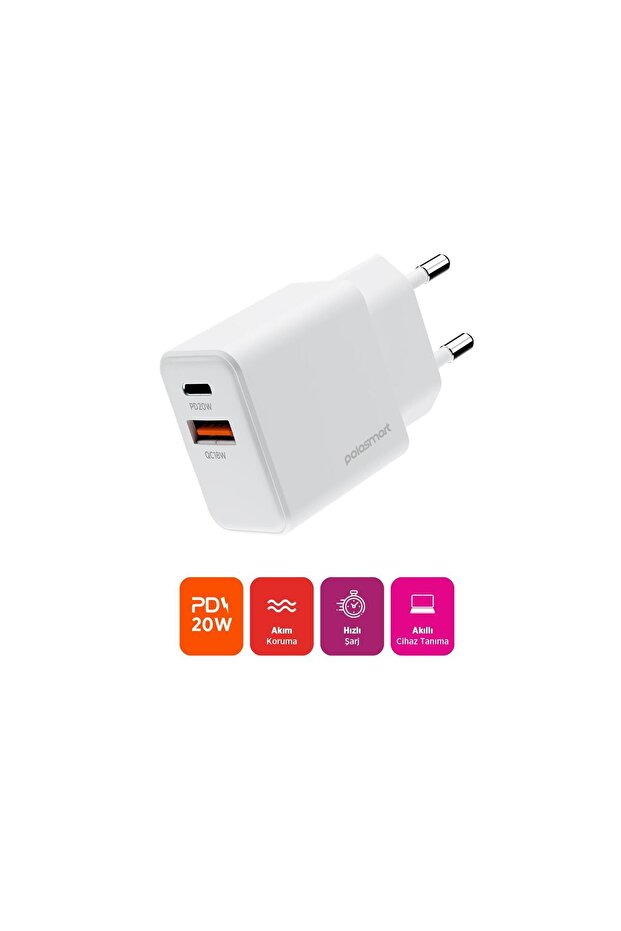 PBS136 Hızlı 1 USB 1 PD Çıkışlı 20W Şarj Adaptörü Duvar Şarjı Beyaz - 2