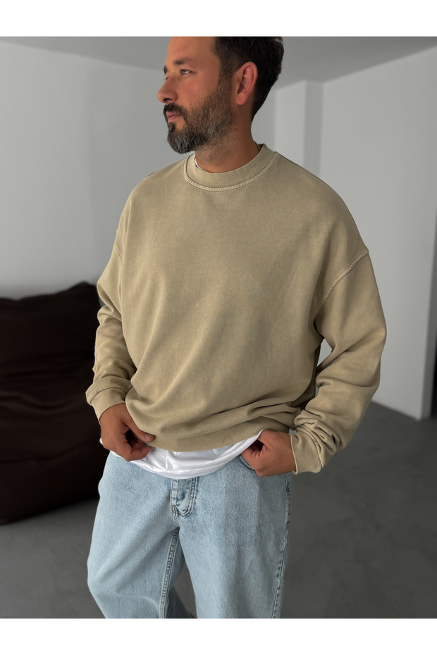 Bej Yıkamalı Basic Sweatshirt DF-2065 - 1