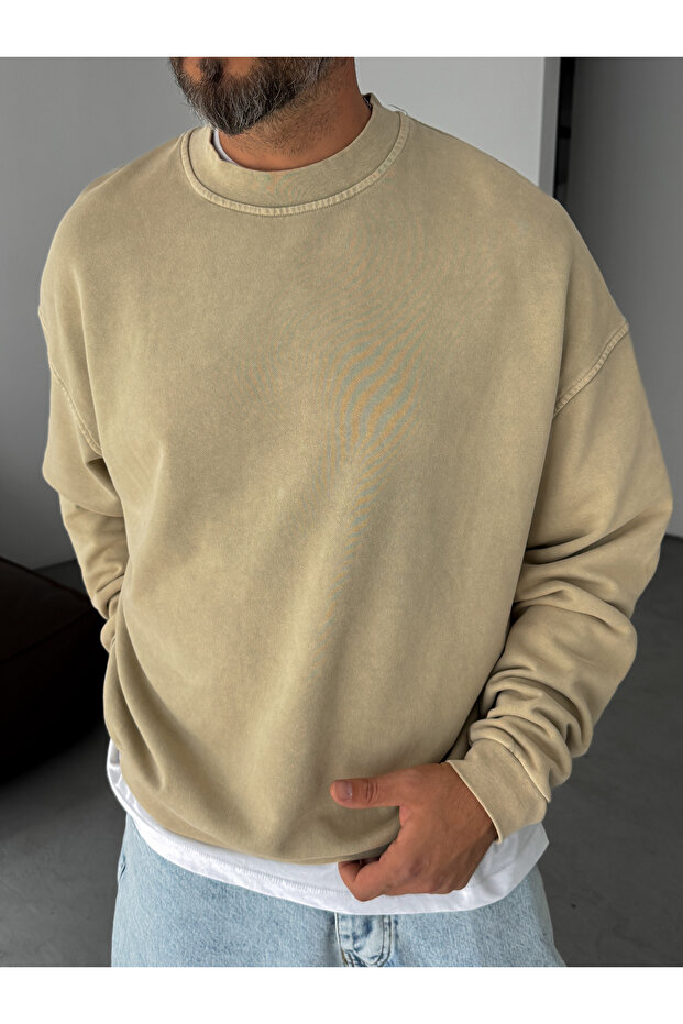 Bej Yıkamalı Basic Sweatshirt DF-2065 - 5