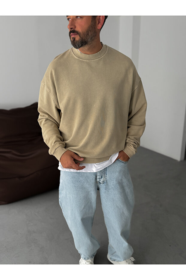 Bej Yıkamalı Basic Sweatshirt DF-2065 - 2