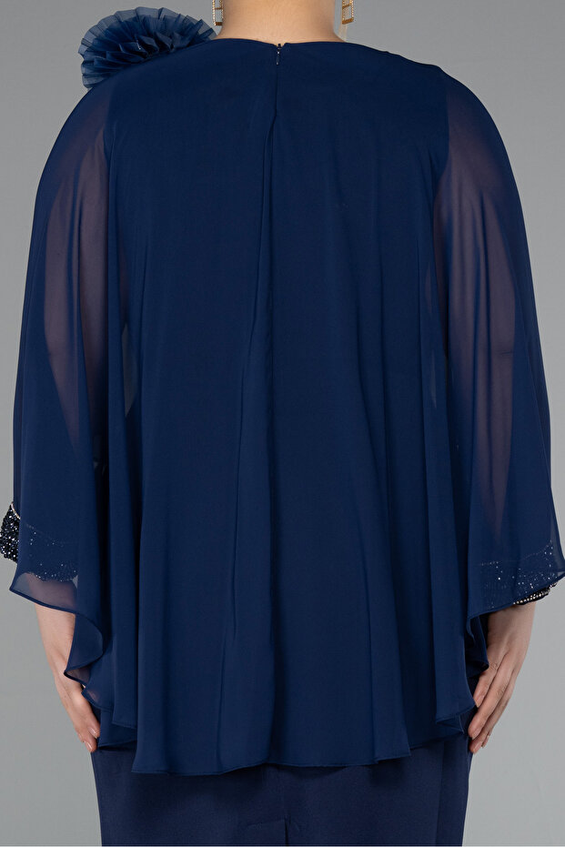 Lacivert Kapri Kol Midi Şifon Büyük Beden Davet Elbisesi ABK2383 - 4