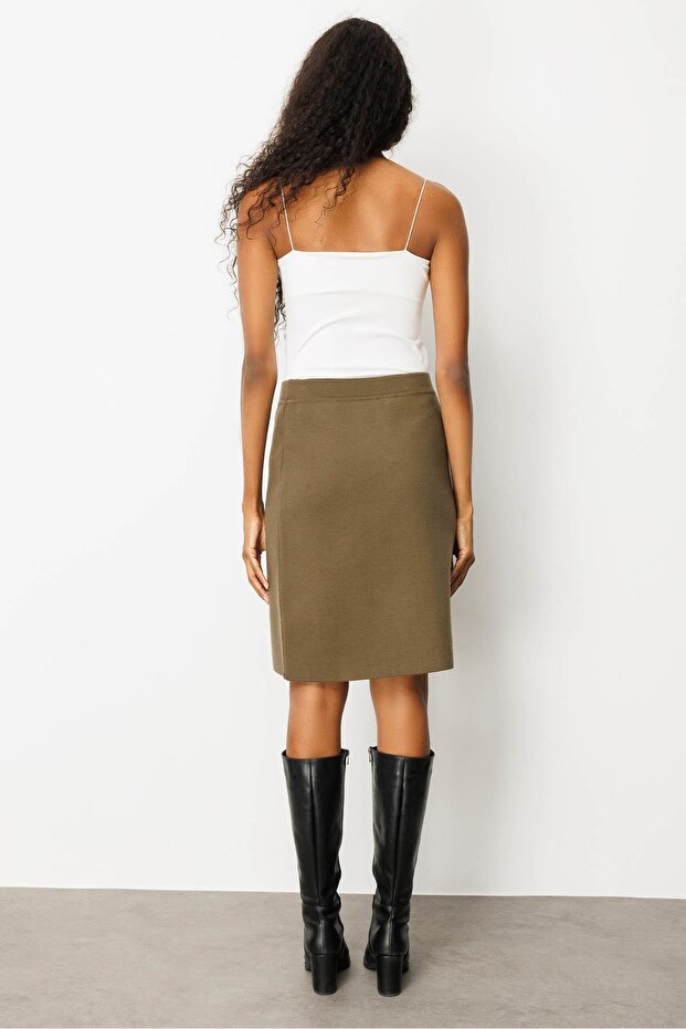 Kadın Triko Düz Basic Etek Haki - 2