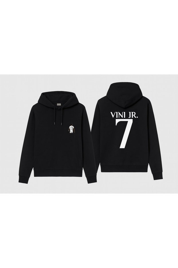 Football Player Vinicius Junior Printed Boys' Black Hooded Sweatshirt Hoodie