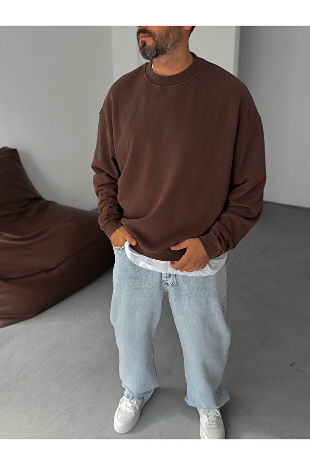 Kahve Yıkamalı Basic Sweatshirt DF-2065 - 5