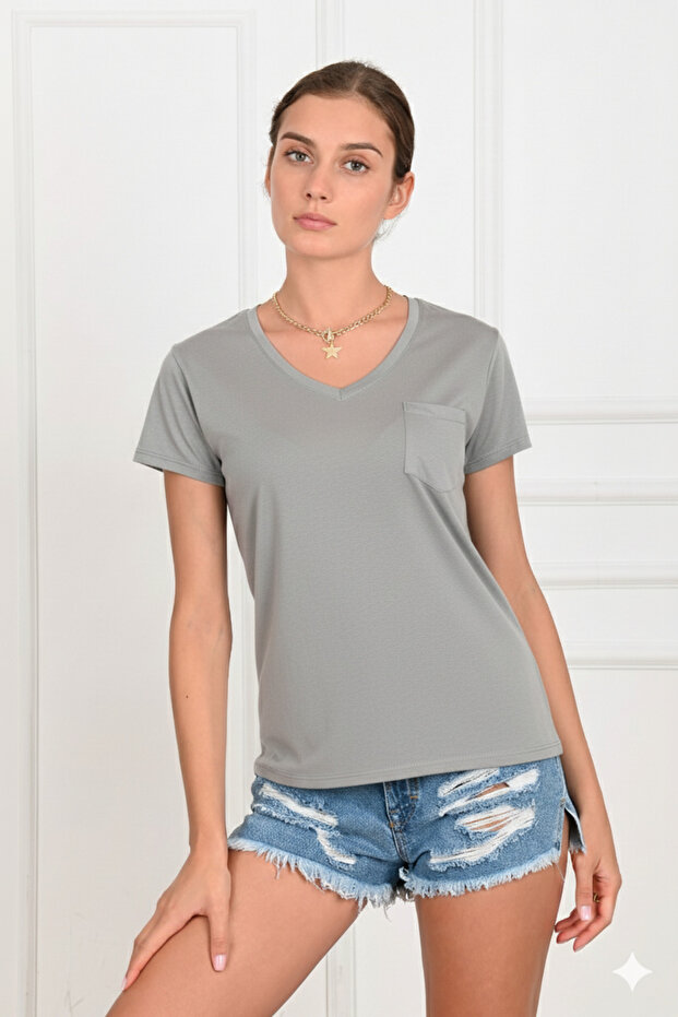 Kadın Basic Cepli Tshirt 8328 - 1