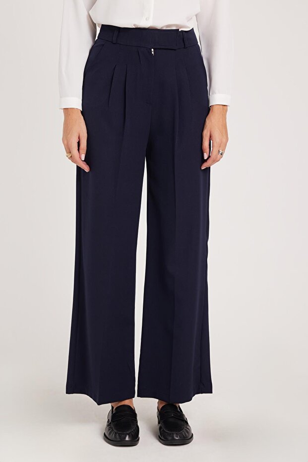 Women's Regular Fit Classic Cut Velcro Closure Palazzo Navy Blue Trousers