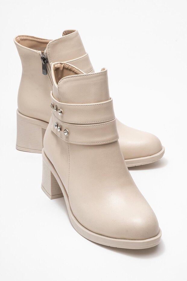 Women's Double Belted Stone Heeled Boots Beige Skin