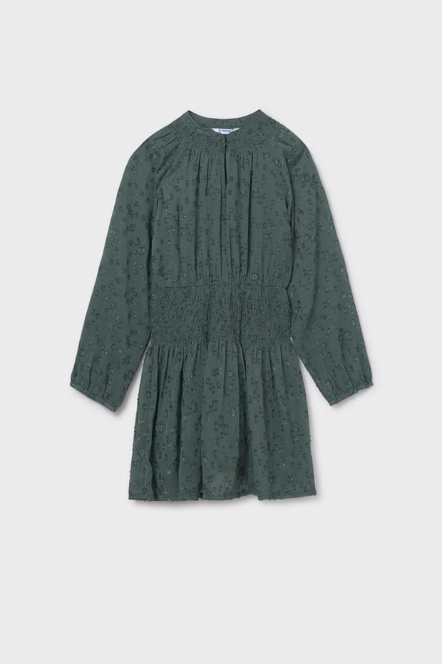 Girl's Regular Fit Waist Giped Textured Chiffon Dress - Green