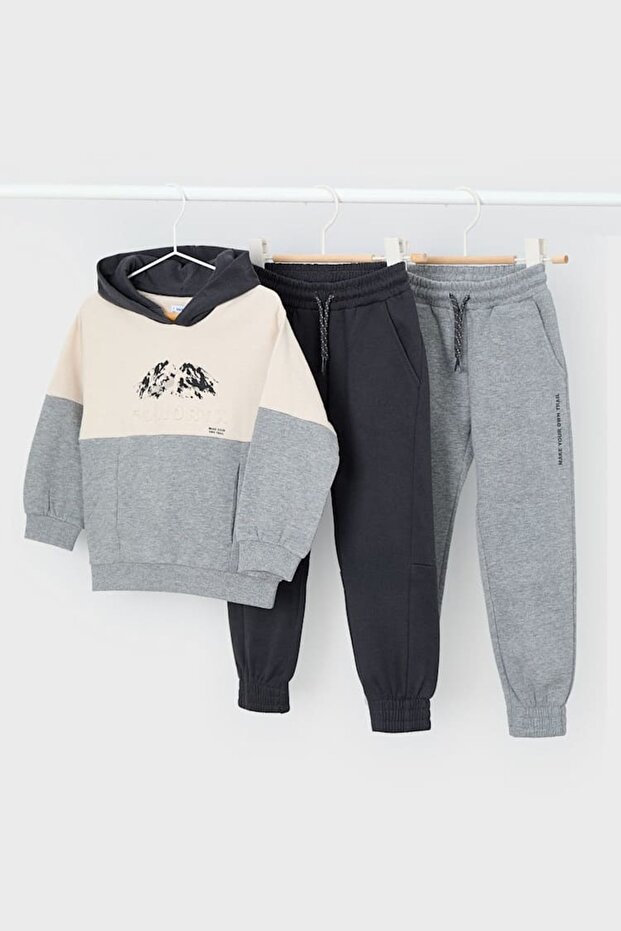 Boy's Regular Fit 3 Piece Mountain Print Tracksuit Set - Gray