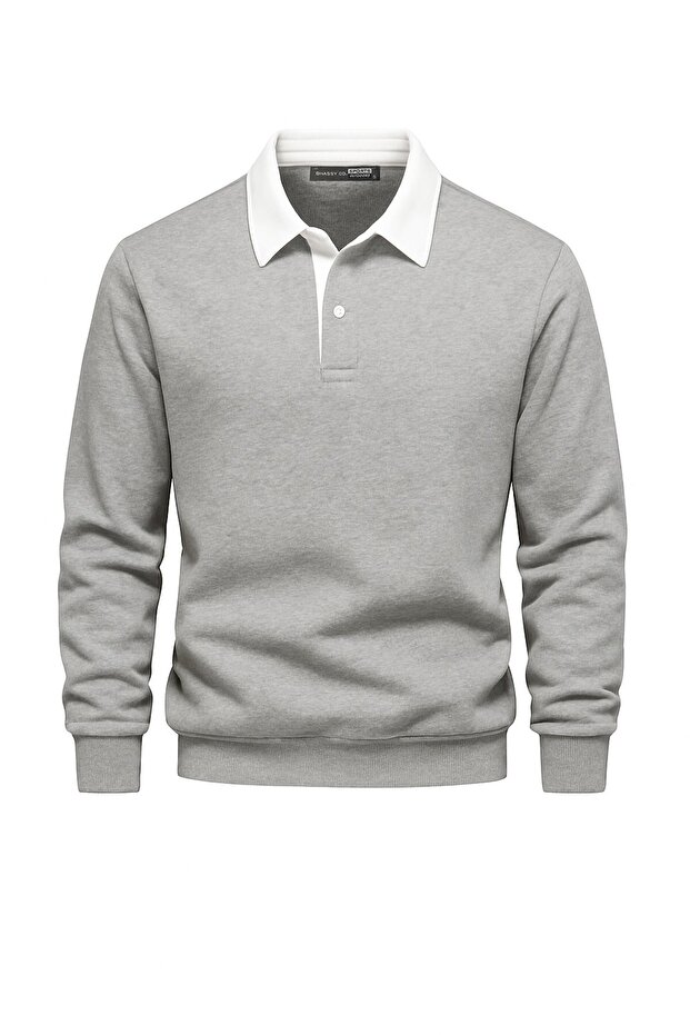 Men's Retro Color Blocked Cotton Shirt Collar Sweatshirt