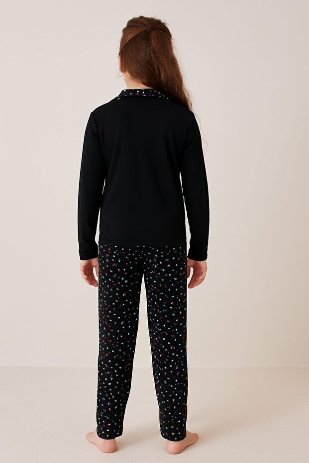 Kız Çocuk Önü Düğmeli Uzun Kol Pijama Takımı SİYAH - 2
