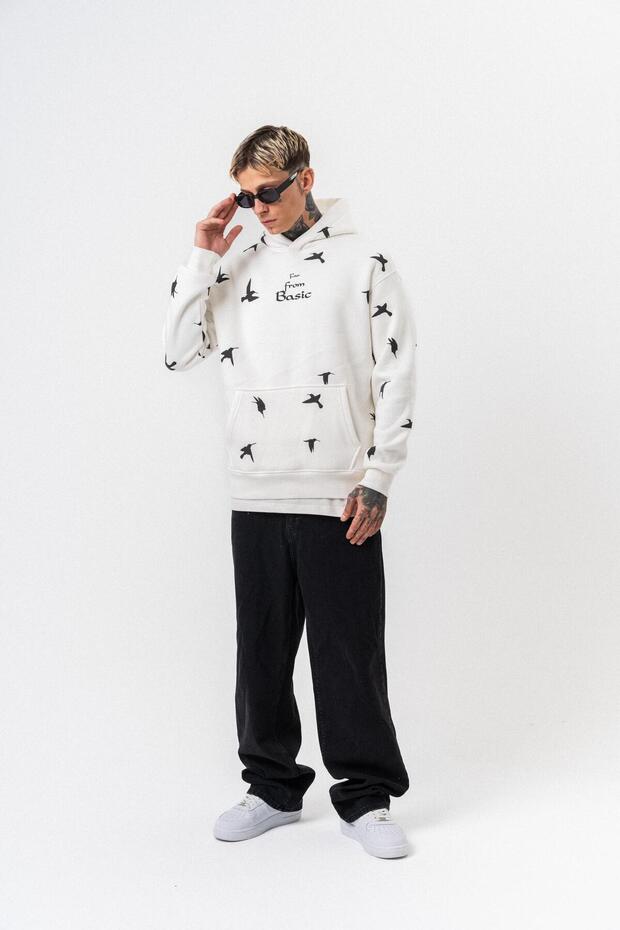 Чоловічий худі з принтом Far From Basic, з капюшоном, оверсайз, екрю - 6