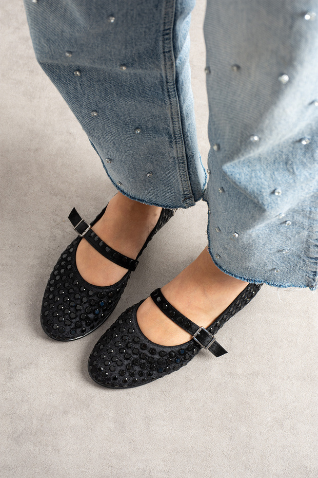 Ruby Velvet Stone Detailed Ankle Strap Women's Ballerinas
