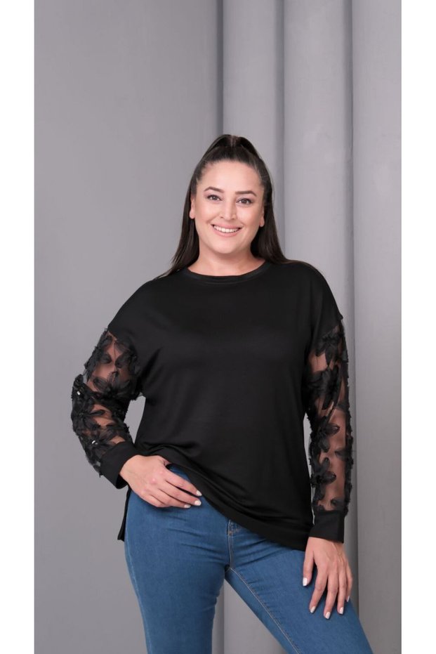 Women's Crystal Fabric Sweatshirt with Tulle Detail on the Sleeves