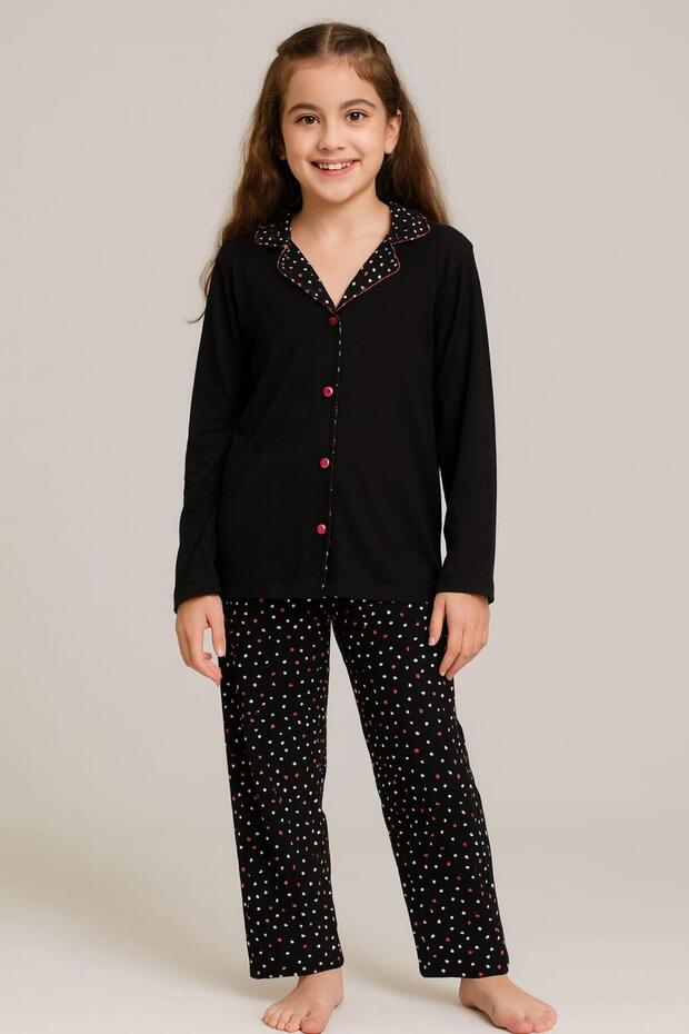 Kız Çocuk Önü Düğmeli Uzun Kol Pijama Takımı SİYAH - 1