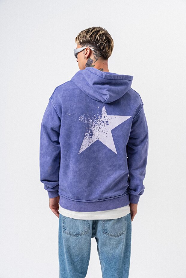 Men's Star Printed Washable Hooded Oversize Hoodie Purple
