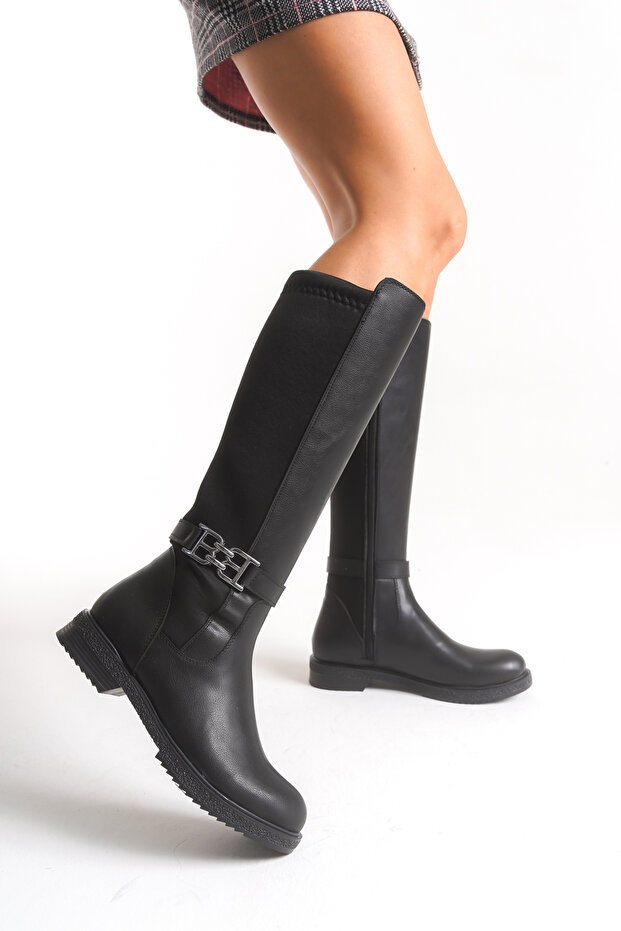 Women's Black Long Boots with Stretch Buckle Detail on the Back, Flat Short Heel, Zippered