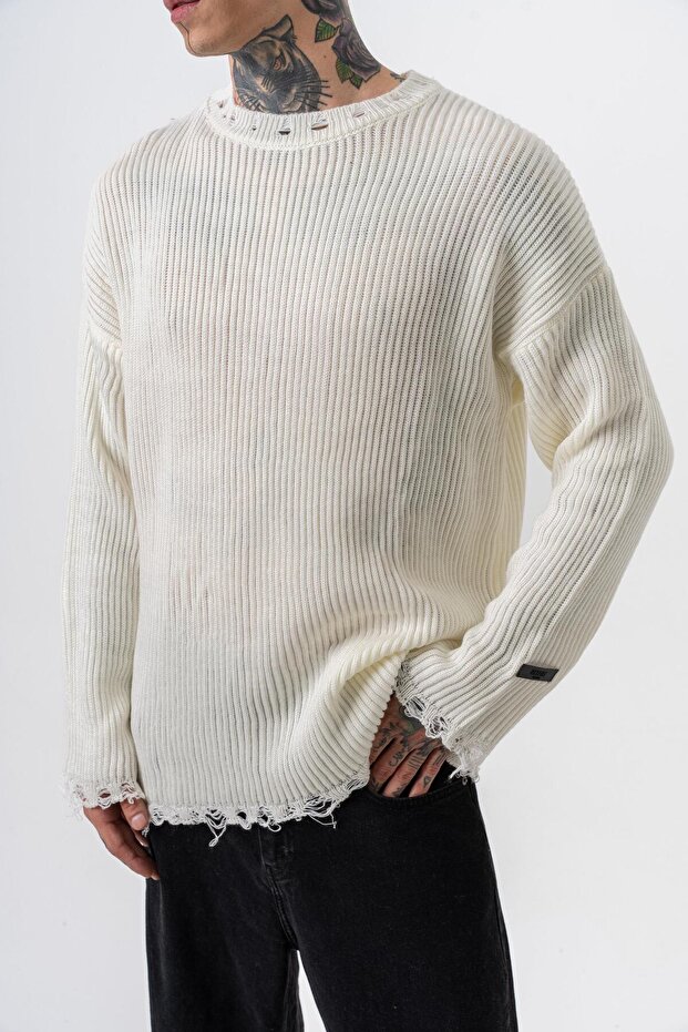 Erkek Dokulu Örme Triko Ekru - 5