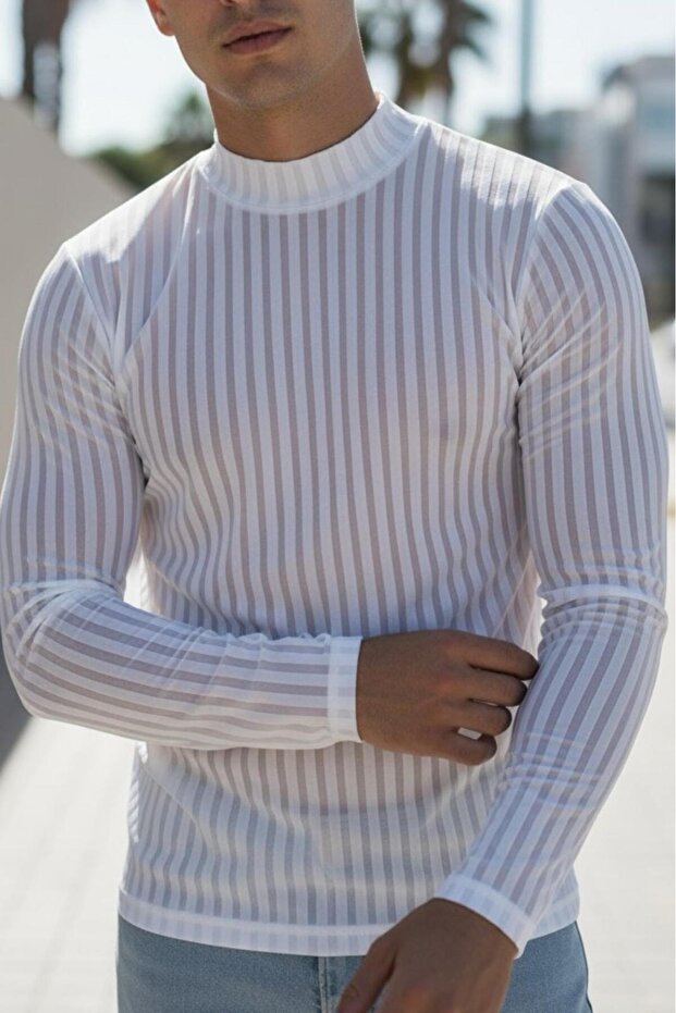 Monz Ribbed Slim Fit Lycra High Collar Men's Long Sleeve T-Shirt