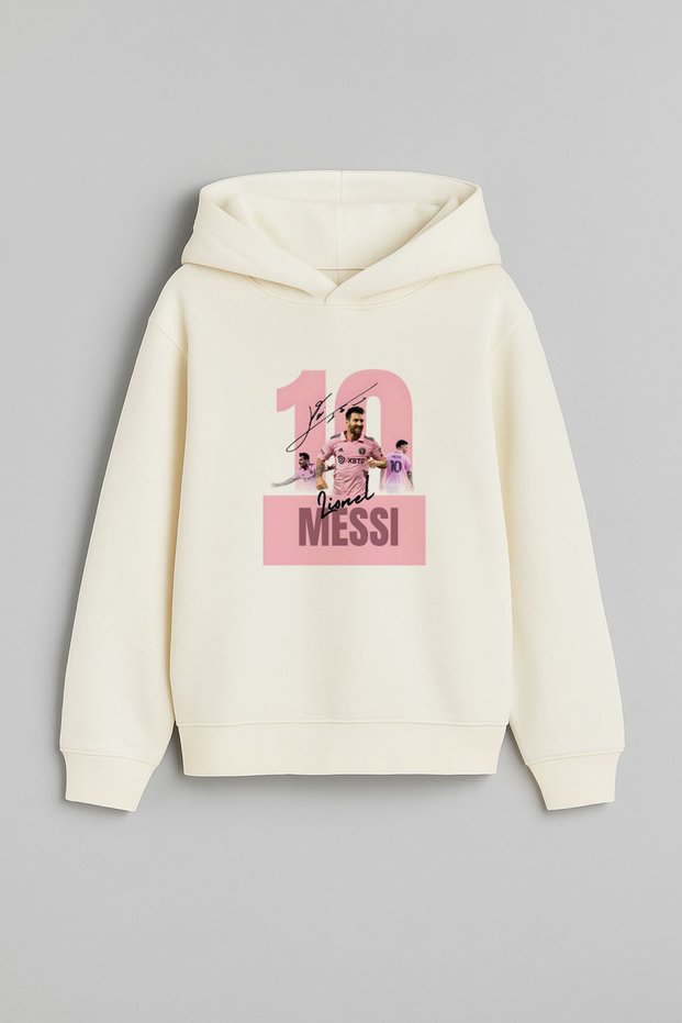 Footballer Lionel Messi Printed Boys' Ecru Hooded Sweatshirt Hoodie