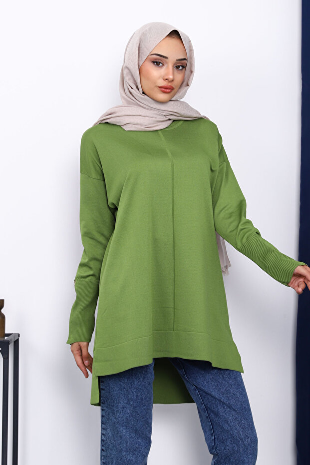 Oil Green Sleeve Zippered Cold Thread Knitwear Tunic