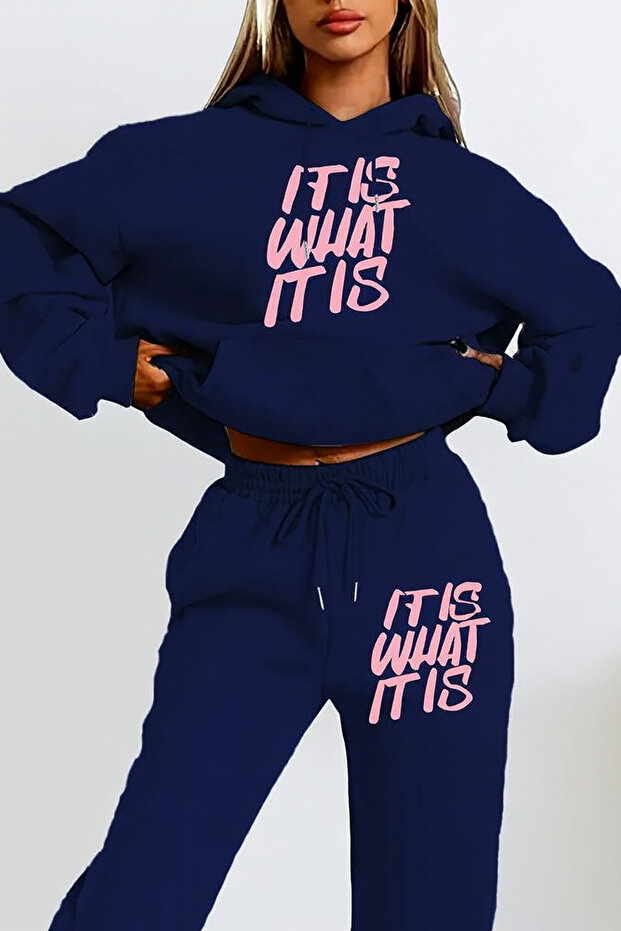 Women's 3 Thread Hooded Kangaroo Pocket Sweatpants Set with It Is What It Is Letter Print