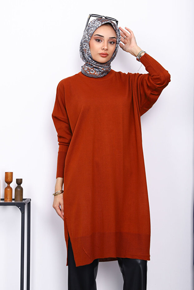 Kiremit Bisiklet Yaka Merserize Salaş Triko Tunik - 3