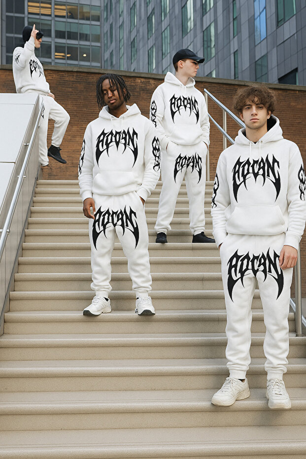 Unisex 3 Thread Hooded Kangaroo Pocket Tracksuit Set with Front Sleeve and Pant Pattern Printed - 1